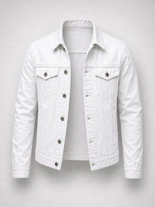 Veste en jean blanche pour homme, fermeture à boutons, coupe classique, écologique, coupe-vent, style décontracté, vêtement d'automne, tissu 100% coton tissé - Product Image 1