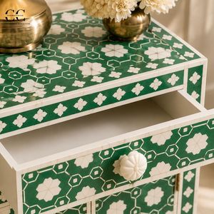 Bone Inlay Nightstand <b>Side</b> <b>Table</b> Accent Cabinet Green White Pattern Drawer <b>Storage</b> for Living Room Bedroom - Product Image 5