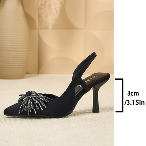 Rhinestone Firework Slingback Stilettos - Black Satin High Heel <b>Sandals</b> for Women - Product Image 6