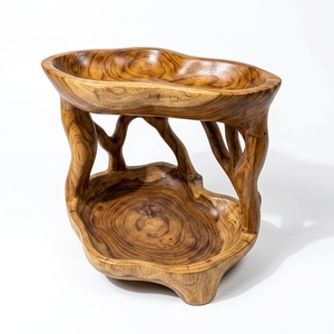 Soporte Decorativo de Madera de Dos Niveles con Borde Natural, Bandeja Rústica de Madera, Centro de Mesa Artesanal, Adorno para Interiores del Hogar - Product Image 1