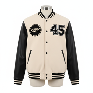Chaqueta universitaria de alta calidad al por mayor para hombre, con mangas de piel de oveja, parches con logo personalizado, chaquetas de béisbol para unisex. - Product Image 1