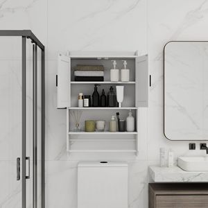 Modern Bathroom <b>Wall</b> <b>Cabinet</b> <b>with</b> <b>Doors</b> Adjustable Shelf and Towel Bar for Over the Toilet Storage - Product Image 3