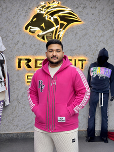 Men's <b>Pink</b> Hooded Zip-Up <b>Sweatshirt</b> Custom Logo Embroidery Patch Zip up Hoodie Sweatpants Stripe OEM Cotton Zipper Hoodie - Product Image 1