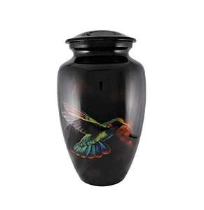 Urne funéraire noire brillante avec motif d'oiseau colibri coloré, symbole de la liberté, de la paix et de la mémoire éternelle - Product Image 1
