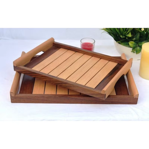 Plateau de service en bois de qualité fiable, rectangulaire, avec poignées découpées en bois naturel, design minimaliste, pour une utilisation décorative à la maison - Product Image 1