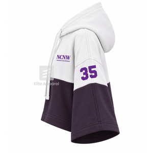 เสื้อฮู้ดครอปสีบล็อก NCNW แบบกำหนดเอง พร้อมโลโก้ปักด้านหน้า สีม่วงขาว แขนสั้น สไตล์ลำลองสำหรับผู้หญิง - Product Image 4