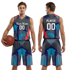 Maillot de basket-ball personnalisé sublimé pour homme, sans manches, col en V, coupe athlétique, imprimé noir, rouge, bleu - Product Image 3