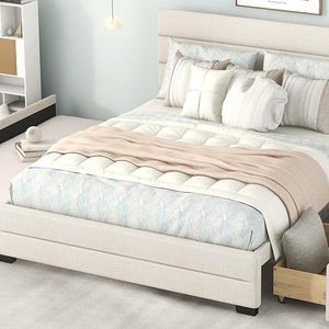 Letto matrimoniale imbottito beige con piattaforma, letto estraibile singolo, due cassetti, morbido e confortevole, design semplice con contenitore - Product Image 6