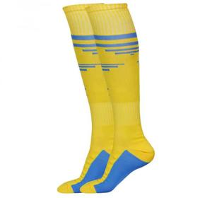 Calcetines Deportivos Hasta la Rodilla Amarillos, Calcetines de Fútbol de Compresión con Rayas Azules - Product Image 1