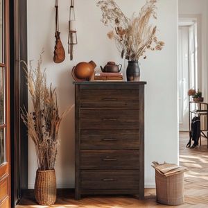 Commode verticale à 5 tiroirs 73x40x120cm en MDF marron avec placage en bois massif - Product Image 1