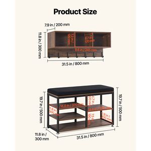 Appendiabiti da Parete 3-in-1 con Ganci e Panca Portascarpe in Acciaio con Scaffale per l'Organizzazione nell'Ingresso - Product Image 5