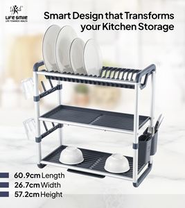 ชั้นวางจานอลูมิเนียม 3 ชั้น LIFE SMILE คุณภาพสูง พร้อมที่วางแก้วและช้อนส้อม - Product Image 4
