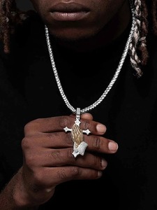 Collar con Colgante de Cruz y Manos en Oración, Estilo Hip Hop Cristiano, Chapado en Rodio, Plata 925, con Microincrustaciones de Diamantes, para Fiesta - Product Image 2