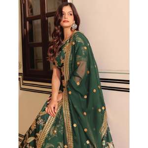 Green Embroidered Silk Plus Size <b>Wedding</b> Lehenga Choli with Pearls for Bride - Product Image 3
