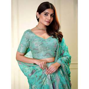 Exquisite <b>Turquoise</b> Sequins Organza Wedding Apparel-Lehenga Choli - Product Image 4