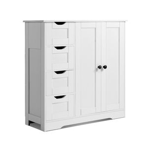 Armadietto del pavimento del bagno in legno bianco con 4 cassetti e mobili di stoccaggio della mensola regolabile - Product Image 1