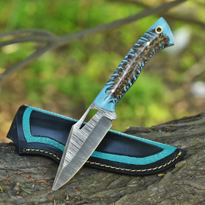 Cuchillo Táctico Fijo de Damasco Personalizado con Punta Recta, Hoja de Resina de Espiga Completa, Funda de Cuero para Uso Exterior, Cuchillos EDC al por Mayor - Product Image 1