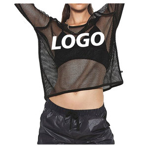 Women <b>Mesh</b> <b>Crop</b> <b>Top</b> Short Sleeve Neck Breathable Loose Fit Summer Solid Color Digital Printing Anti-Pilling Spandex/Cotton Front - Product Image 5