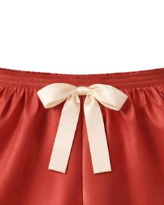 Customized Rust <b>Red</b> Satin Cami Shorts Pajama Set Women Sleepwear Soft Silk Nightwear Two Piece Summer Lounge Set With <b>Bow</b> - Product Image 6
