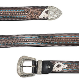 Cinturón unisex hecho a mano estilo western, de cuero genuino de grano completo con grabado floral y hebilla de diseño de tres piezas. - Product Image 5