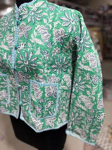Green Floral Printed <b>Quilted</b> Cotton <b>Jacket</b> With Mandarin Collar Full Sleeve Autumn Women's Wear GIFT FOR HER - Product Image 3