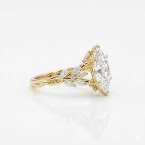 Bague de fiançailles en or 14 carats avec diamant de laboratoire taille marquise, motif branche de feuille d'or, ensemble de mariage unique inspiré de la nature - Product Image 3