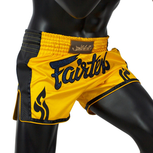 Shorts de combat Fairtex OEM Club Label, double couleur noir-jaune, coupe latérale, design par sublimation, shorts de Muay Thai, taille élastique - Product Image 3