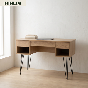 Modern Oak Wood <b>Console</b> <b>Table</b> with Metal Hairpin Legs Minimalist Design <b>Storage</b> Drawers for Home Office Furniture - Product Image 3