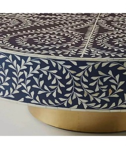 Modern <b>Round</b> Bone Inlay Handmade Coffee <b>Table</b> with Unique Design and Timeless Appeal Includes Adjustable <b>Console</b> - Product Image 1
