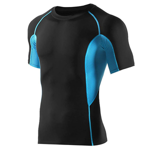 T-shirt de sport pour homme, noir et bleu, à manches courtes, col rond, séchage rapide, respirant, coupe ajustée, en polyester tricoté, vêtements de sport - Product Image 5