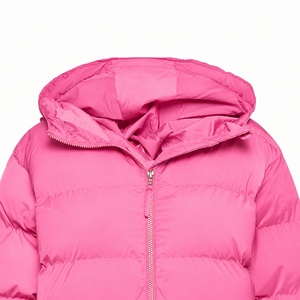 Pink <b>Hooded</b> Puffer Jacket Windproof Solid Color Zipper Front Casual Winter <b>Coat</b> Unisex Eco-friendly <b>Fur</b> Trim Slim Polyester - Product Image 3