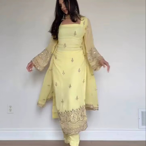 Premium Faux Georgette Thread–Sequence Work Suit Set | Readymade <b>Top</b>, Micro Cotton Pant & Fancy Lace Dupatta | - Product Image 1