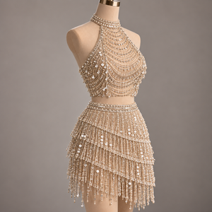 Traje de Danza del Vientre con Lentejuelas y Flecos de Cuentas, de Poliéster, para Actuaciones, con Pedrería, para Fiestas - Product Image 1