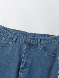 Women's Blue Wide Leg <b>Jeans</b> High Waist Rhinestone <b>Chain</b> Decorated Baggy Straight Denim Pants Streetwear - Product Image 5