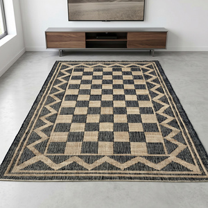 Tapis en jute tissé à la main texturé, beige et noir, motif géométrique moderne, antidérapant, épais, avec franges, pour salon, chambre, maison - Product Image 3