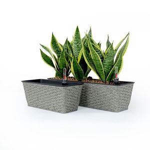 Set di 2 Vasi Intelligenti Rettangolari in Vimini Intrecciato a Mano, Grigio, Autoirriganti per Interni ed Esterni - Product Image 1