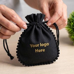 Custom Logo Cotton <b>Drawstring</b> <b>Pouch</b> Black Jewelry Packaging Bag With Pom Pom Trim Hot Stamping Printing Accessories - Product Image 1