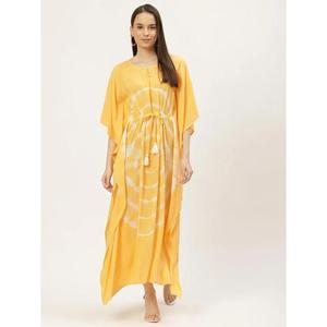 Kaftan Kurta en rayonne teinte à la main de qualité supérieure, jaune moutarde, col rond, manches trois-quarts, asymétrique - Product Image 2