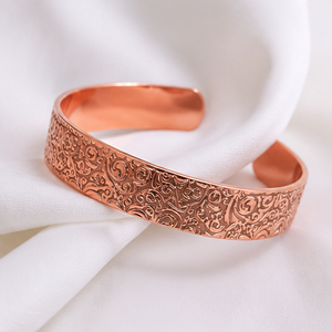 Authentic Ornate <b>Engraved</b> Pure Metal Open Cuff <b>Bangle</b> With Embossed Floral Pattern Exquisite Metal Jewelry - Product Image 4