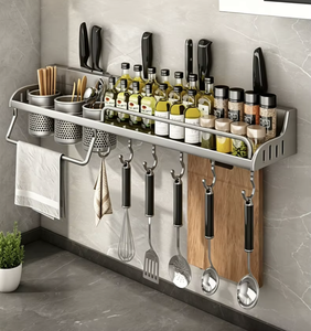 Drill-Free Wall Mount Kitchen Storage Rack with <b>Hooks</b> Space Aluminum Spice Organizer <b>Shelf</b> for Condiments Utensils Kitchen Tools - Product Image 3
