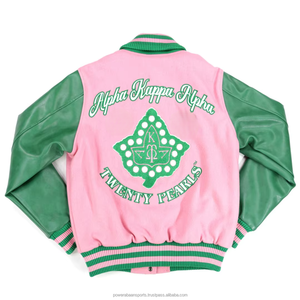 Chaqueta Varsity Premium AKA de Lana Ecológica y Transpirable, Color Rosa Verde, con Logotipo Bordado del Sello de la Hermandad en la Parte Delantera, Impermeable, para Mujer - Product Image 2
