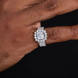Certified <b>Cushion</b> Lab Grown Diamond Floral Halo Ring Sparkling Iced Wide Eternity Band 18K Gold Plated Luxury <b>Statement</b> Wedding - Product Image 1