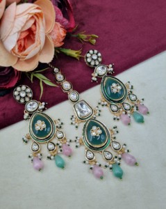 Royal Teardrop Motif Kundan Meenakari Work <b>Necklace</b> Set With Earrings And Mangtika Traditional Ethnic Wear Gold Plated Jewellery - Product Image 3