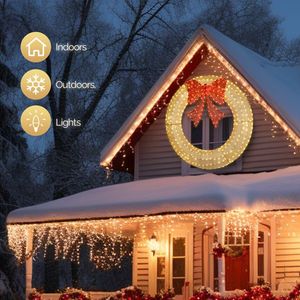 60in Pre-Lit LED Outdoor Christmas Wreath Decoration 400-Light Metal Holiday Decor for Home Exterior Garden Gold/Red Bow - Product Image 3