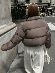 <b>Women's</b> Short Quilted Puffer <b>Jacket</b> Stand Collar Zipper Thick Winter <b>Padded</b> Coat Adjustable Waist Brown - Product Image 3