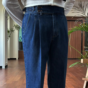 Pantalon de costume plissé LARSUR sur mesure, style italien Naples, en denim, coupe décontractée, sans plis, pour affaires - Product Image 4