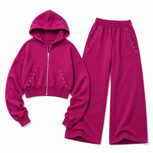 Sudadera con capucha corta de forro polar grueso con bolsillo de ojal color magenta y cremallera para mujer, chándal con logotipo personalizado, pantalones de chándal de pierna ancha con ojales, ropa casual - Product Image 4