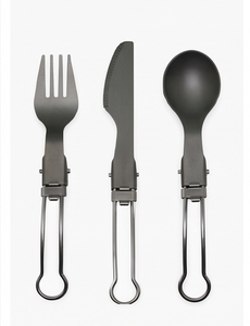 Ensemble de couverts portables en métal noir mat, fourchette, couteau, cuillère, design minimaliste pour le camping et les activités de plein air - Product Image 1