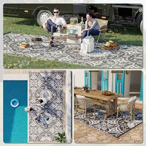 Portable RV Camping tapis 9 'X 18' tapis d'extérieur réversible imperméable gris blanc paille en plastique pour arrière-cour pique-nique plage - Product Image 5