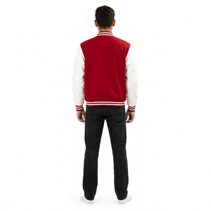 Chaqueta Varsity para Hombre en Color Rojo con Bloques de Color, Mangas Blancas, Cuello a Rayas, Cierre de Botones, Estilo Deportivo - Product Image 4
